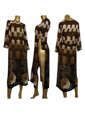 Vietnamese Áo Dài Sheer Brown Scroll/Botanical Floral Tunic Dress XS